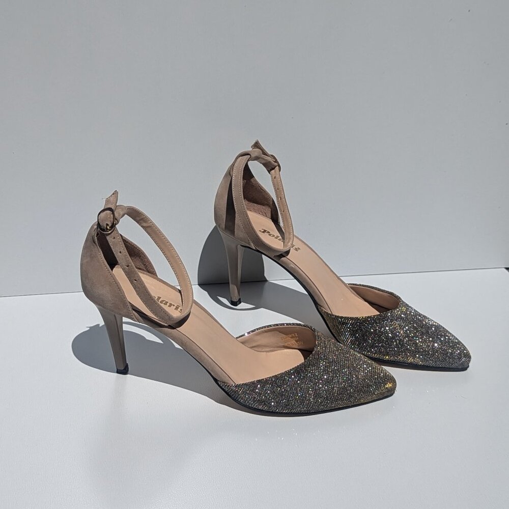 Glittery ankle strap heels